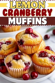 lemon cranberry muffins on a white plate with cherries and text overlay