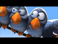 three angry birds sitting on top of a power line with their beaks wide open