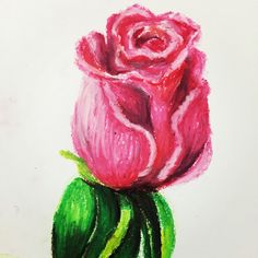 a drawing of a pink rose with green leaves