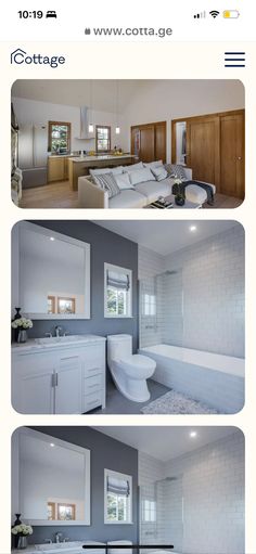 three different pictures of a bathroom and living room in one photo, with the same color scheme on the other