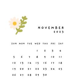 a calendar with flowers on it and the date for november, which is written in english