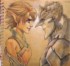 a drawing of two people facing each other in front of a spiral notebook with colored pencils on it