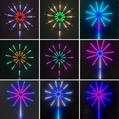 six different types of fireworks are shown in the dark, with multiple colors on them