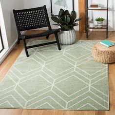 a living room area with a chair, rug and potted plant