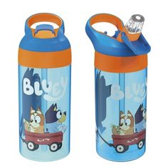 two children's water bottles with cartoon characters on them, one blue and the other orange