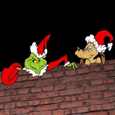 two cartoon characters sitting on top of a brick wall