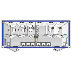 an overhead view of the floor plan for a small airplane with four seats and two toilets