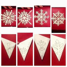 snowflakes are cut out from paper and placed on a red surface