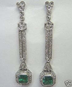 "ANTIQUE ART DECO DIAMOND COLOMBIAN EMERALD PLATINUM EARRINGS Circa ~ 1930'S 2 Natural Colombian Emeralds ~ Emerald cut Size ~ 3.60 Carat Total Weight Color ~ Medium/Dark Green Country Of Origin ~ Colombia 116 ~ Single Cut Natural Diamonds Size ~ 1.64 Carat Color ~ E - F Clarity ~ VS 2 - SI 1 Metal ~ Platinum Weight~ 16 Grams Overall Length ~ 58.54 MM (2.3045 Inches) East To West At Widest Section ~ 11.54 MM (0.4545 Inches) Width At Double Row Of Diamonds ~ 4.57 MM (0.1805 Inches) Thickness ~ 5. Art Deco Earrings For Vintage Events, Egypt Style, Platinum Earrings, Earrings Art, Colombian Emeralds, Deco Vintage, Celtic Jewelry, Deco Jewelry, Antique Diamond