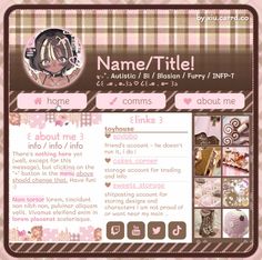 a pink and brown web page with pictures on it