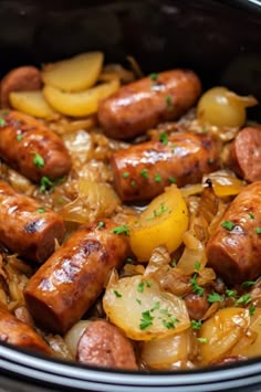 sausages, onions and potatoes in a slow cooker