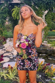 Sweetheart Black Floral Embroidery Bodycon Short Dress Floral Hoco Dress, Bodycon Short Dress, Prom Dress Trends, Hoco Dresses Tight, Green Homecoming Dresses, Black Homecoming Dress, Hoco Dress, Tulle Homecoming Dress, Satin Homecoming Dress