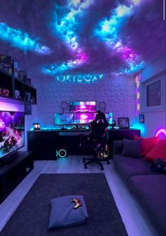 a living room filled with furniture and colorful lights on the ceiling above it is a flat screen tv