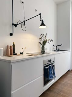 a kitchen with an oven, sink and potted plant