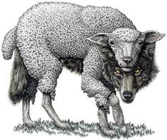 a drawing of a sheep and a wolf standing next to each other on grass covered ground