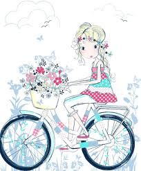 a girl on a bicycle with flowers in the basket