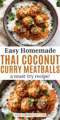 easy homemade thai coconut curry meatballs in a bowl with rice and cilantro