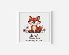 a cross stitch pattern of a red fox with flowers on it's chest and the words, jacoh thomas smith