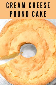 a cake that has been cut into pieces and is sitting on a plate with the words cream cheese pound cake