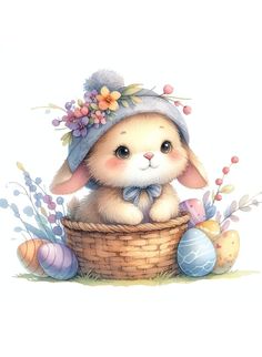 a painting of a bunny sitting in a basket with eggs and flowers on the side