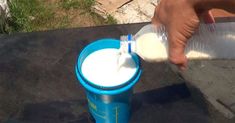 a person pouring milk into a blue cup on top of a black table with grass in the background