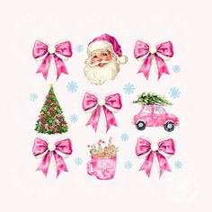 a christmas card with pink bows and decorations