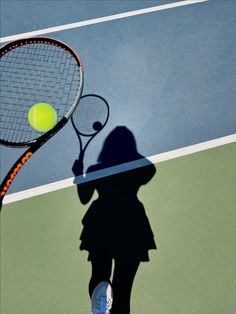 the shadow of a person holding a tennis racket and ball on a tennis court