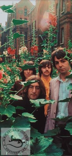 the beatles are surrounded by flowers and plants