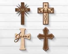 three wooden crosses with the words jesus, jesus and jesus's name on them