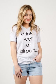 Drinks well at airports v-neck t-shirt white fleck Women's Boutique, Vacation Outfits, Tie Dyed