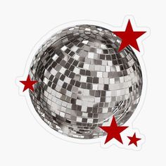 a silver disco ball with red stars sticker on the bottom and white back ground