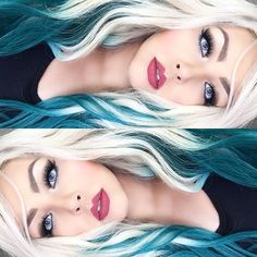 Pretty Blonde & Teal Wavy Locks -insta- (*HEARTED) Slytherin Hair, Underlights Hair, Color Streaks, Look Grunge, Behind Blue Eyes, Teal Ombre, Teal Hair, Makeup Board, Different Hair Colors