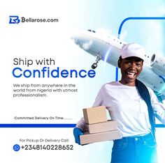 a man holding a box with a plane in the background that says ship with confidence