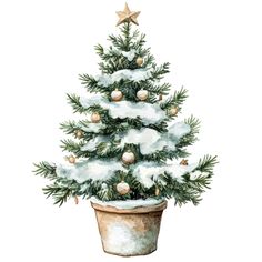 a watercolor christmas tree in a pot with snow on the top and gold ornaments hanging from it