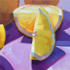 an oil painting of lemons and oranges on a purple cloth with other fruit in the background