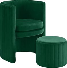 a green velvet chair and ottoman with a round footstool in front of it