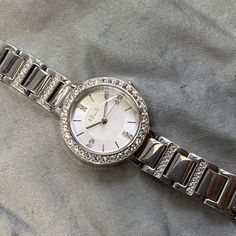 Working, See Video! Relic Watch Gemmed Bezel Silver Round Approximately: 6.25" Wrist Relic Watches, Wrist Watches, White Silver, Kids Accessories, Accessories Watches, Wrist Watch, Gems, Women Accessories, Silver