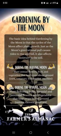 an image of gardening by the moon with text on it and images of plants in front