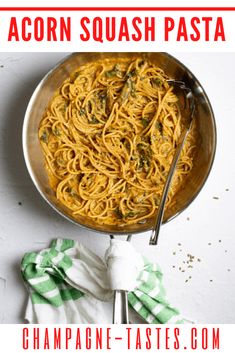 a bowl filled with spaghetti and topped with parsley