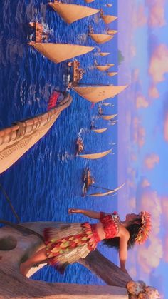 a woman standing on top of a wooden pier next to the ocean with boats floating in the water