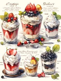 four desserts with different toppings are shown in this drawing, one is blueberries and the other has strawberries