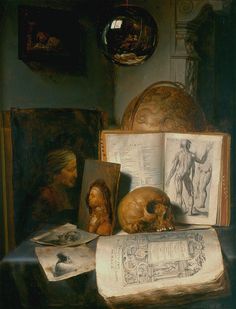 an image of a painting with books and skulls on the table in front of it