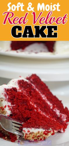 a slice of red velvet cake on a white plate with a fork in front of it