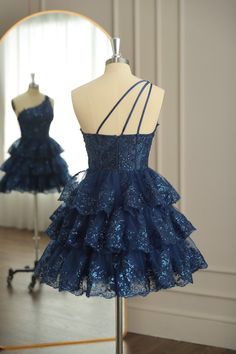 Dark Navy One Shoulder Appliques Multi-Layers Tulle Homecoming Dress Junior Prom Dresses Short, Navy Homecoming Dress, Spring Ball, Surprise Dance, Cute Homecoming Dresses, Jr Prom, Tulle Homecoming Dress, Tulle Sleeves