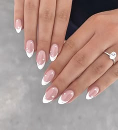 White Prom Nail Ideas, Almond White French Tip With Design, French Tip Acrylic Nails With Chrome, Ombre Nails With Pearls, Wedding Guest Nails Ideas Almond, Nails With Diamonds Simple, French Tip Diamond Nails, Bridal Almond Nails, Trendy Nail Inspo Almond