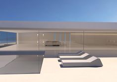 an artistic rendering of a modern house with white furniture and large glass windows overlooking the ocean