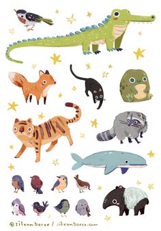 an animal poster with different types of animals and stars in the background, on white paper