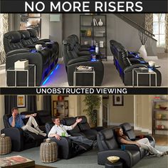 there are two pictures of people sitting on the couches and one is reclining