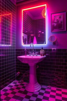 a bathroom with a sink, mirror and lights on the wall in it's corner