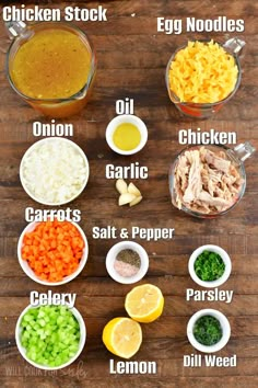 the ingredients to make chicken broth are shown in bowls on a wooden surface, including carrots, onions, celery, parsley, onion and oil